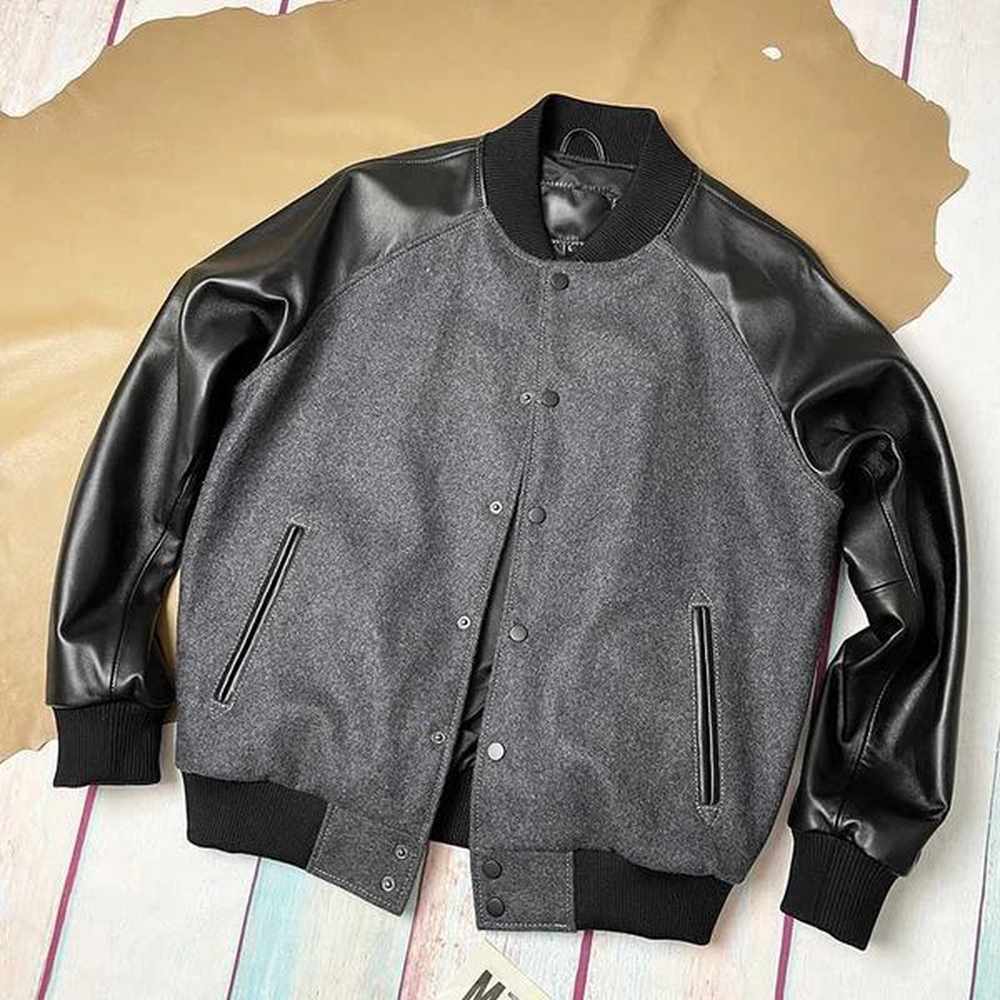 Autumn and winter leather jacket mens casual jacket wool splicing sheepskin sleeves baseball uniform raglan sleeves loose top W241211