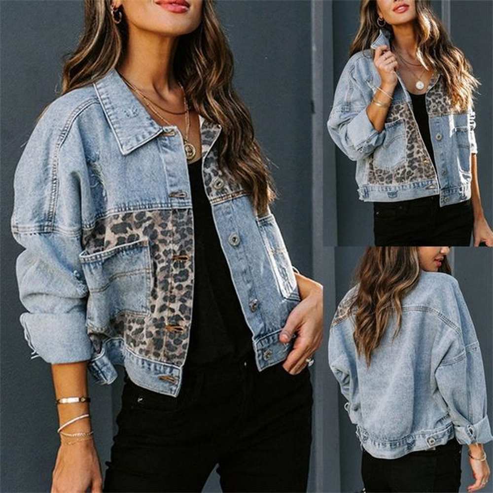 autumn and winter long sleeved denim jacket womens leopard print