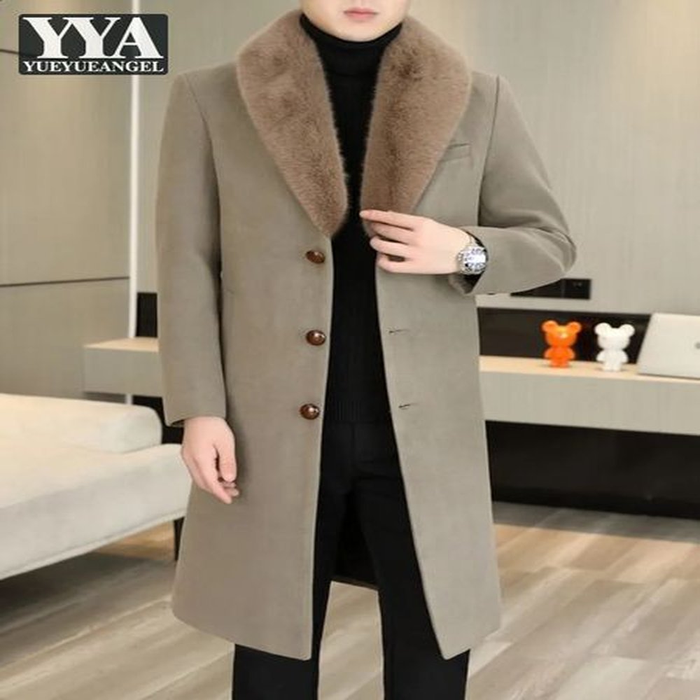 autumn and winter mens mid length coat with faux fur collar business casual wool blend coat ultra-thin single chest mens jacket 241204