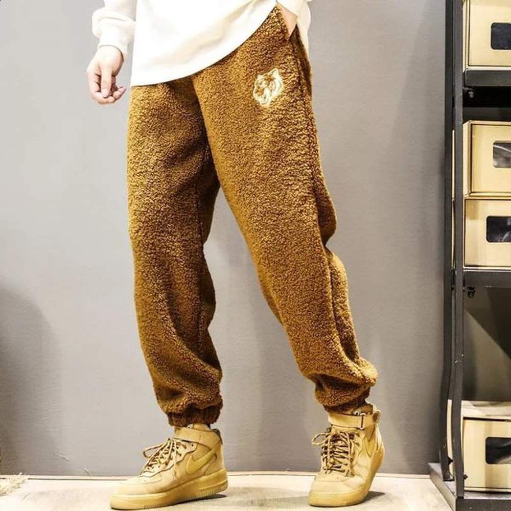 Autumn and winter mens plus size cashmere sports pants Y2k retro coffee streetwear fashionable mens clothing casual warm Trouser 241223