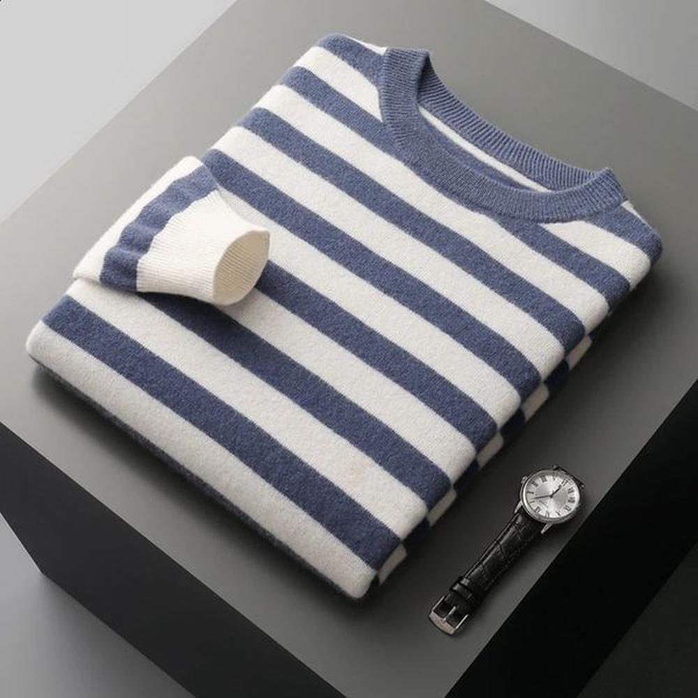 Autumn and Winter 100% Merino Wool Cashmere Sweater Mens Oneck Zipper Knitted Stripe Contrast Loose Top 240813