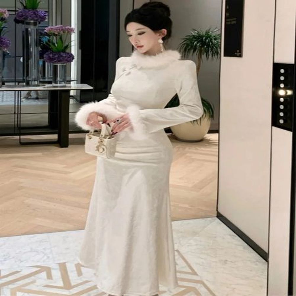 autumn and winter mermaid womens clothing chinese style fur collar