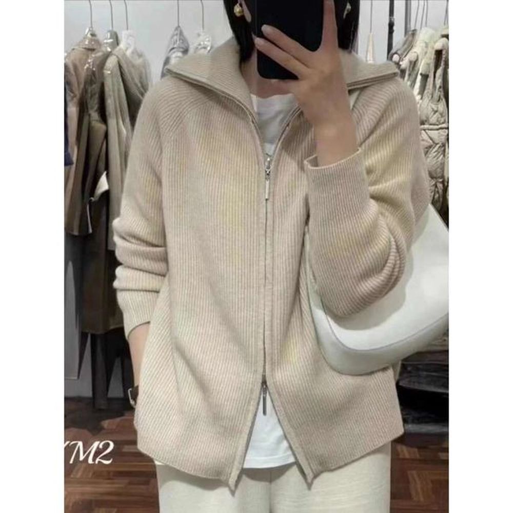 autumn and winter new cashmere polo collar zipper cardigan women