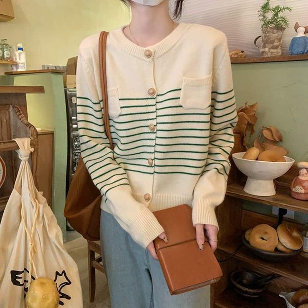 autumn and winter new korean round neck striped knitted cardigan
