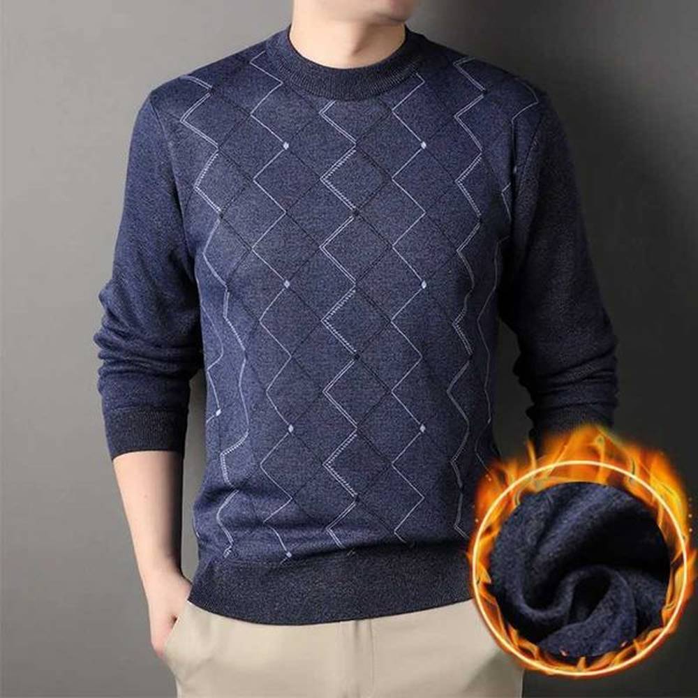 2024 Autumn and Winter New Sweater Mens Plush Warm Round Neck Pullover Knitted Underlay with Diamond Grid Design Casual TopXJ241216
