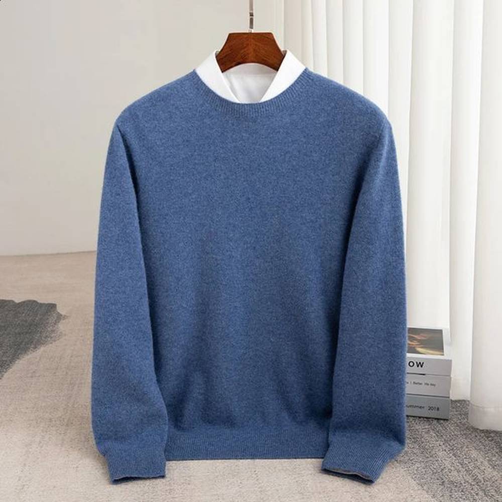 Autumn And Winter 100 Pure Wool Mens Thick Round Neck SlimFit Oneck Pullover LongSleeved Knitted Cashmere Sweater 250109