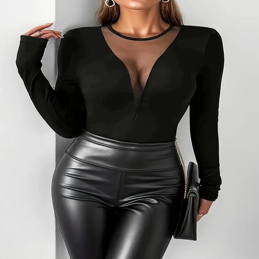 autumn and winter sexy front breast mesh spliced hollow solid