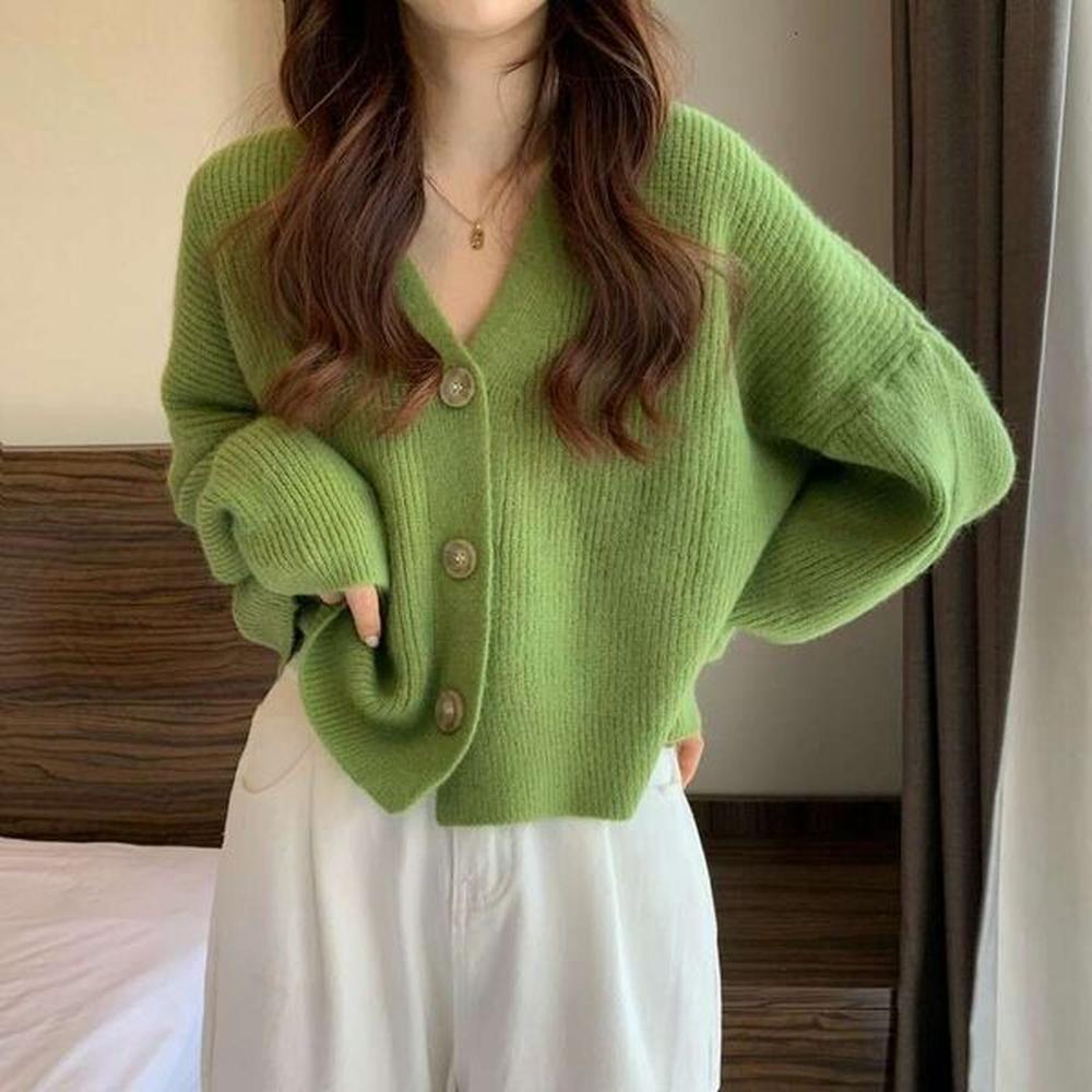 autumn and winter womens new green small fragrant vneck pullover