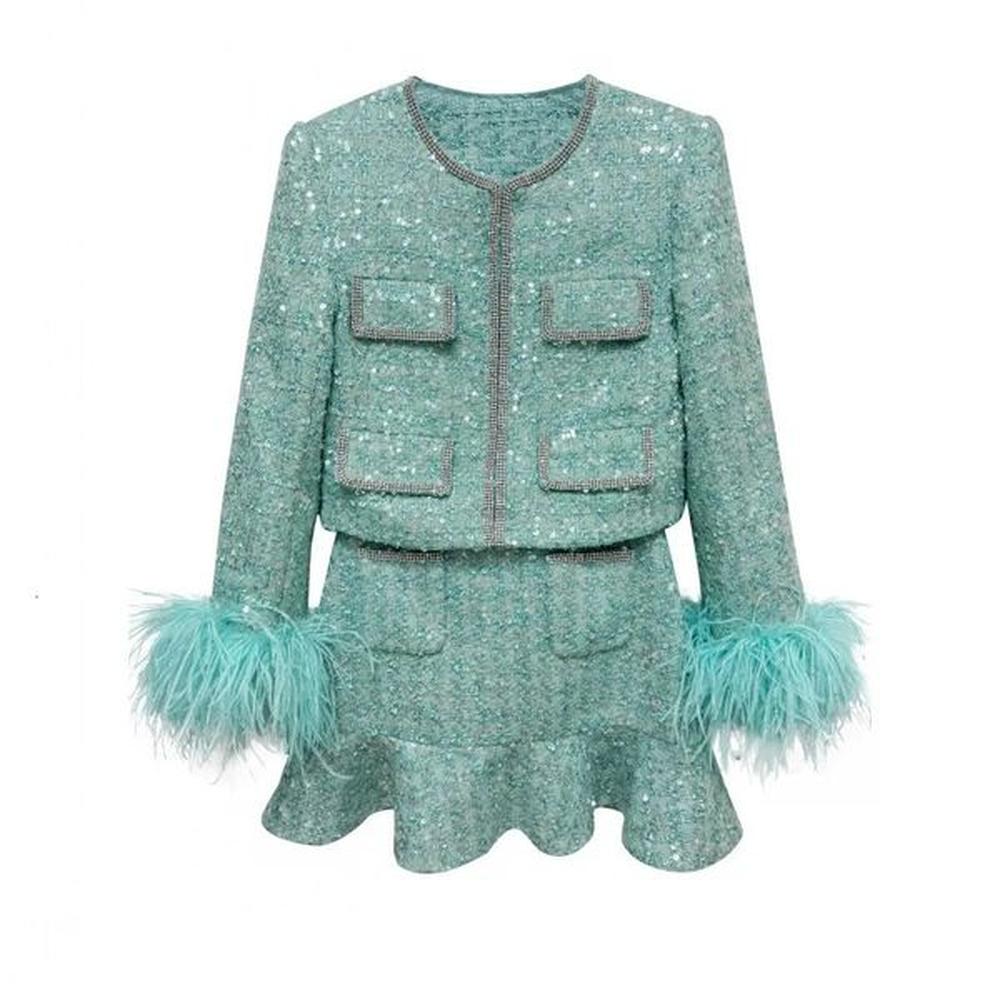 autumn and winter wool coarse tweed green feather sleeve sequin