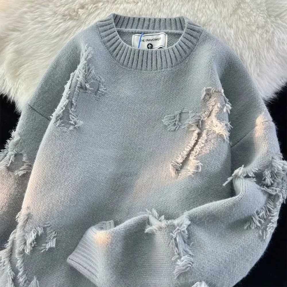 autumn and y2k street mens clothing retro hole border sweater loose mens and womens long sleeved sweater 241206