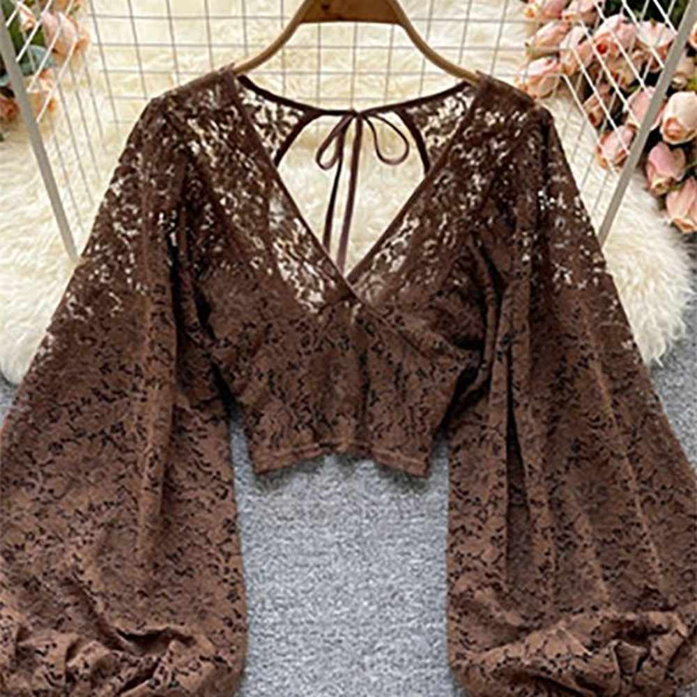 autumn blackwhitebrown sexy lace blouse women elegant vneck puff long