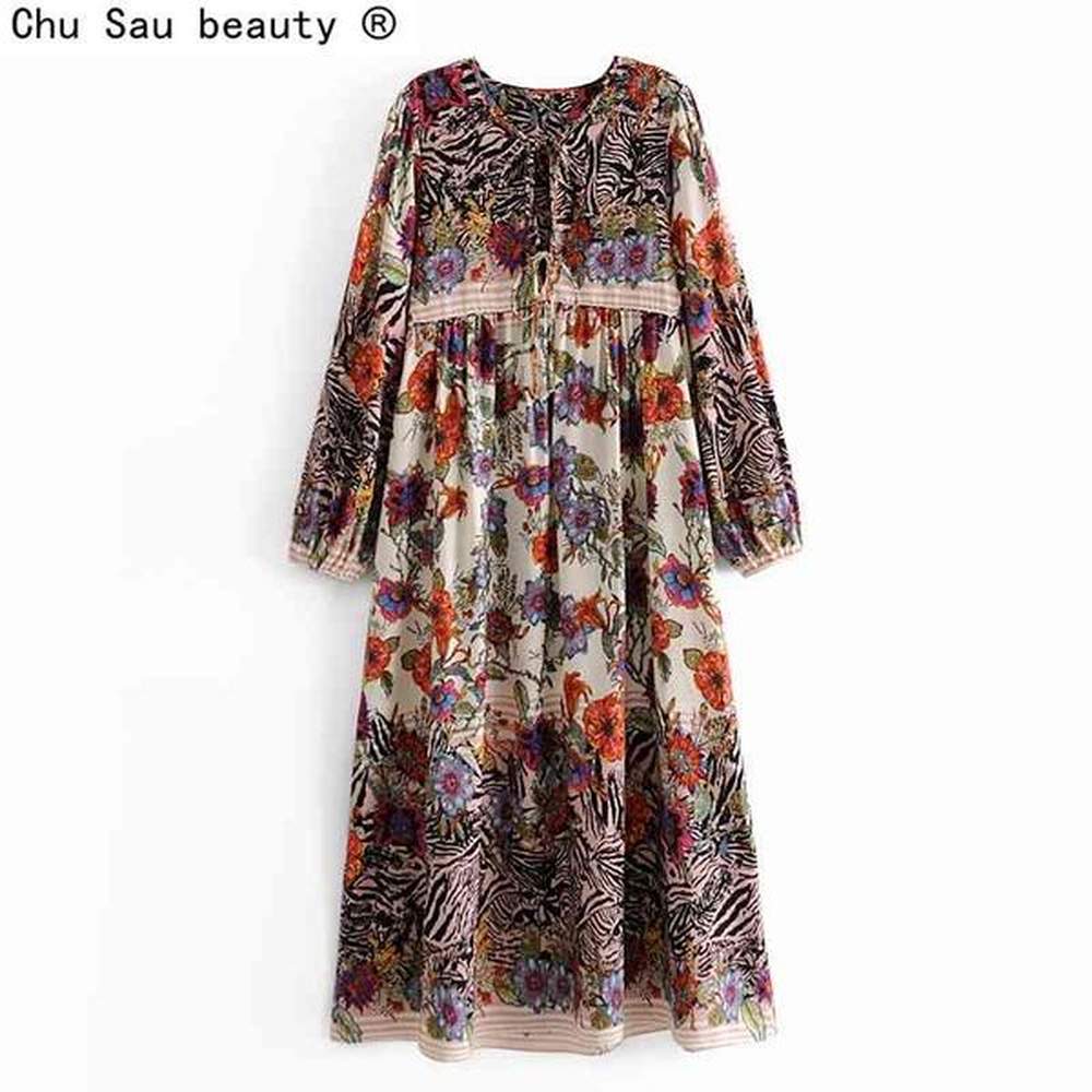 autumn boho style womens positioning vintage floral print tassels laceup