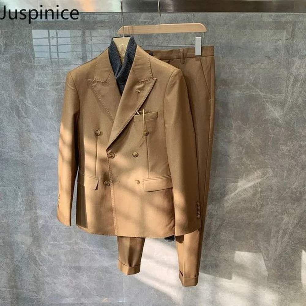Autumn British Style Retro Solid Slim Double Breasted Suit Blazers Trousers Set Mens Loose Business Casual Jacket Pants 241220