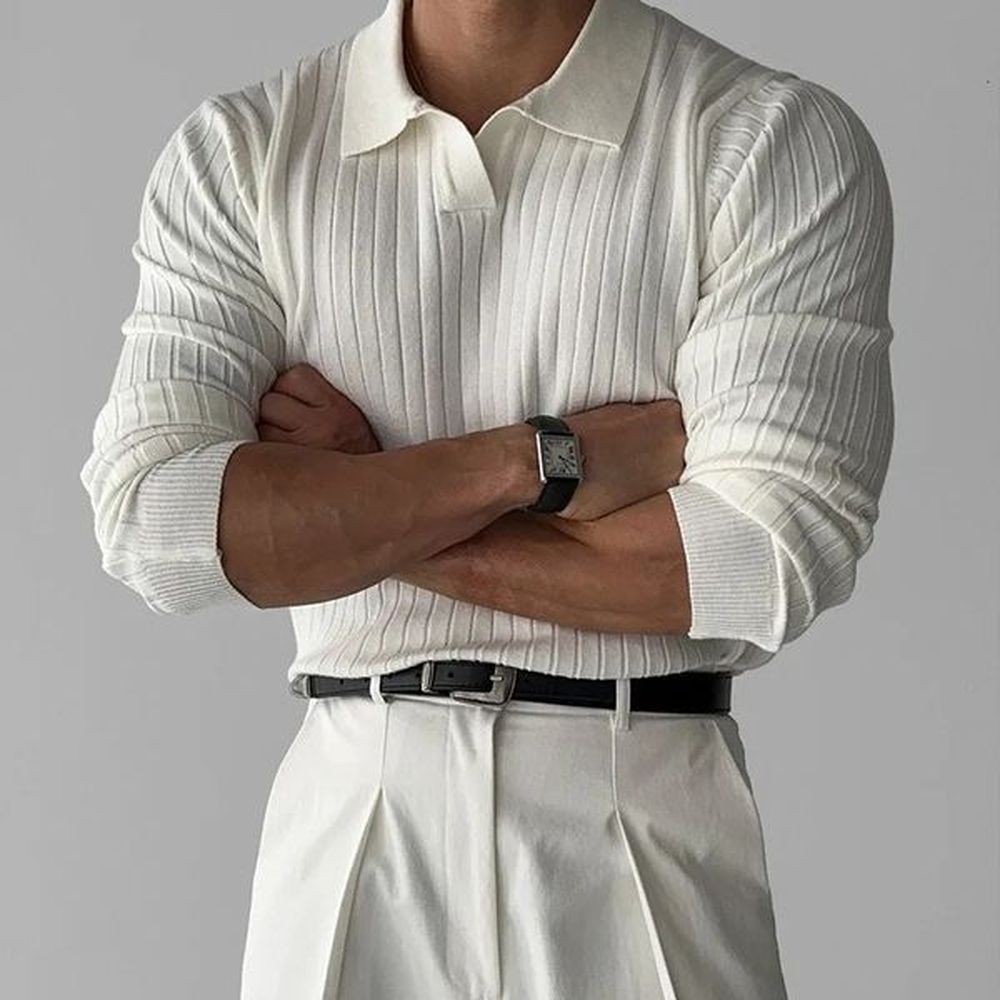 Autumn Clothing Mens Light V-Neck Knitted Jacquard Polo Shirt Solid Color Long-sleeved Korean Leisure Knitwear 250110