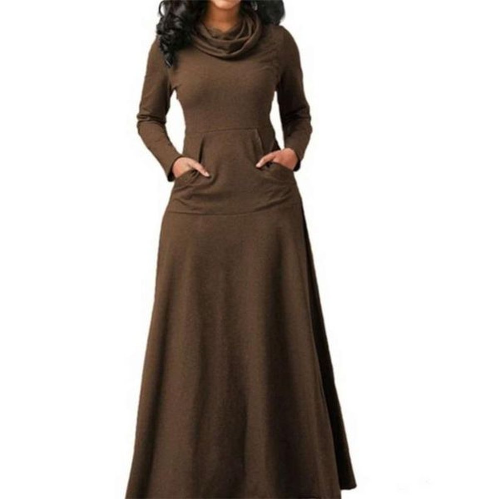 autumn collar pocket black dress red long scarf gray cotton