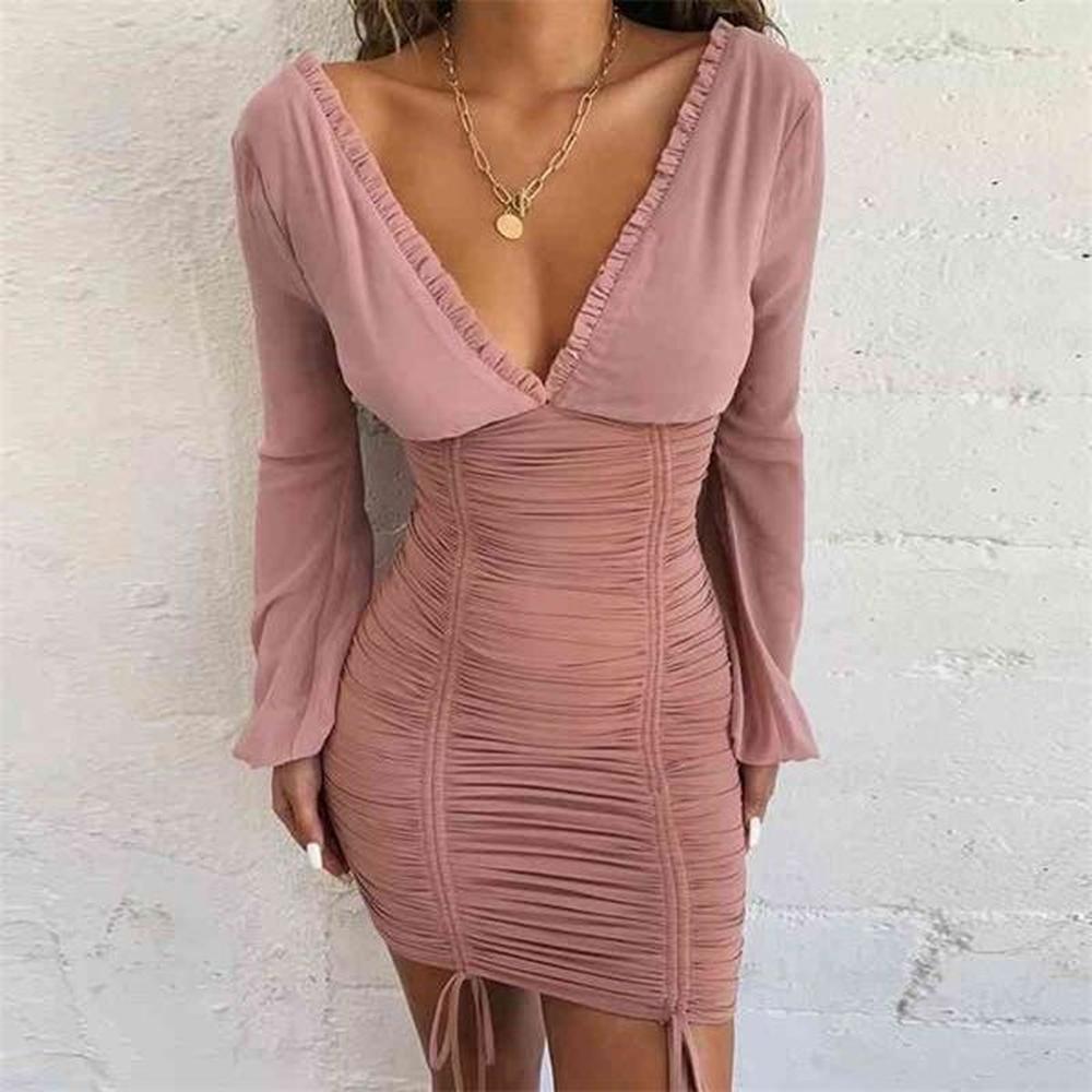 autumn dress deep v neck long sleeves bodycon patchwork mesh