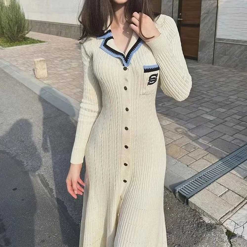 autumn elegant slim knitted long dress womens letter single breasted