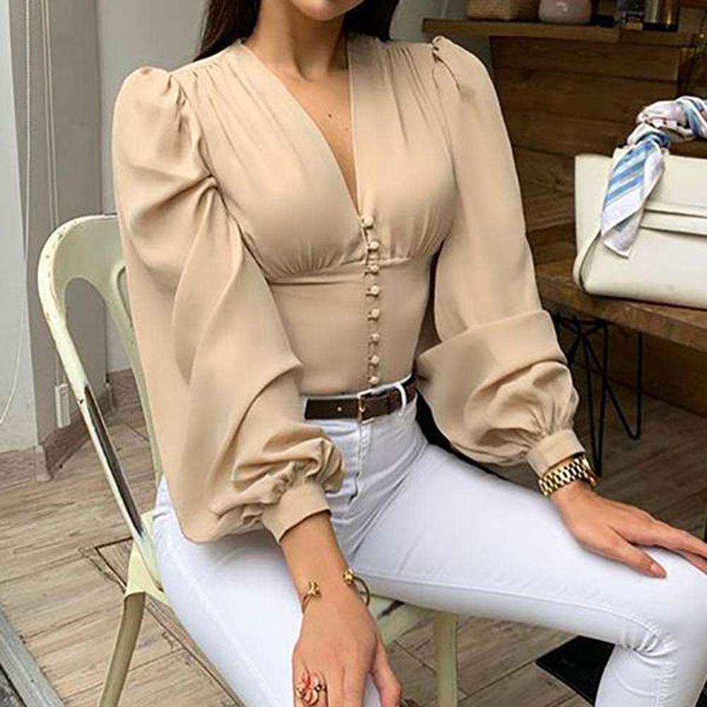 autumn elegant womens shirt ladies lantern long sleeve blouse v.jpeg
