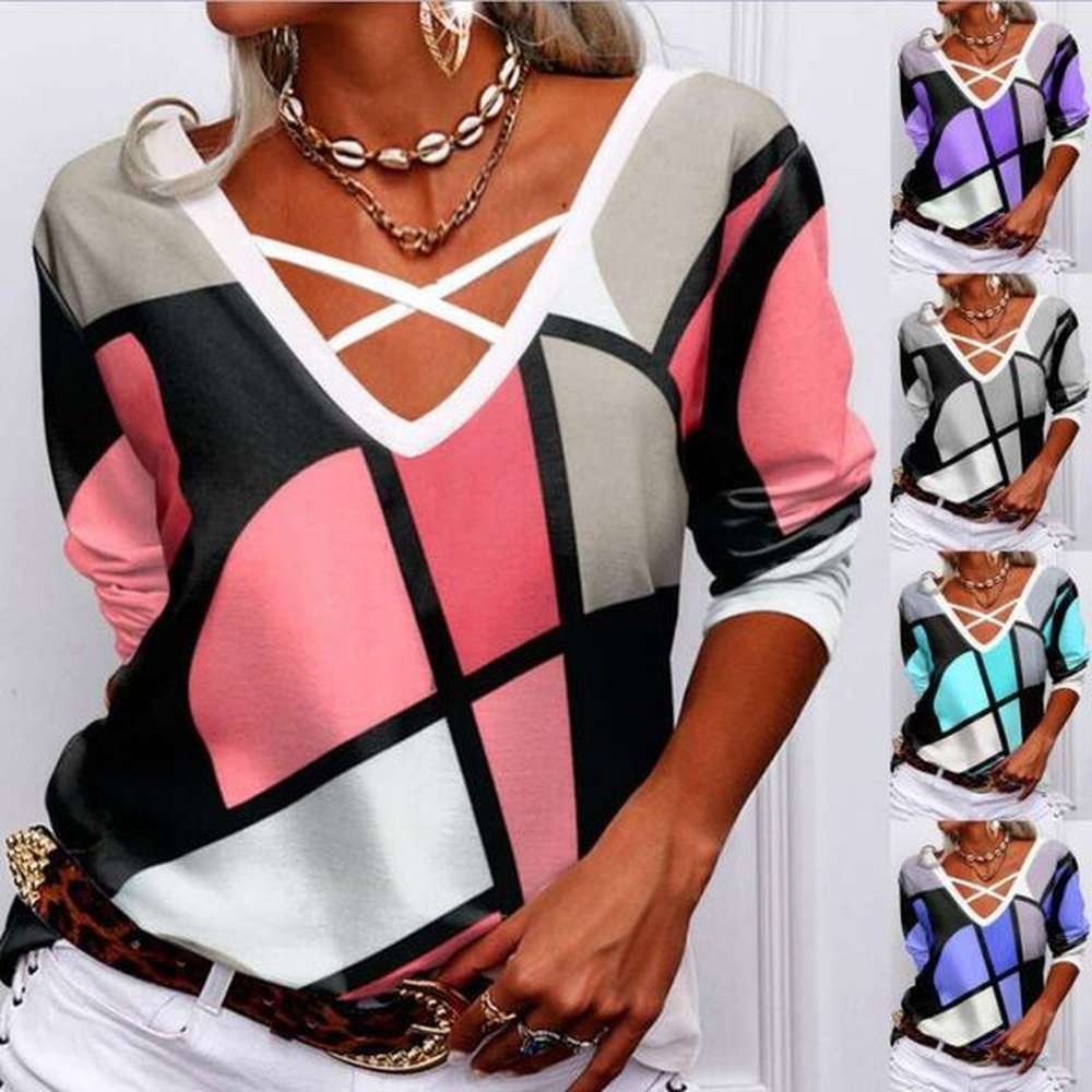autumn european and american long sleeved loose vneck cross geometric