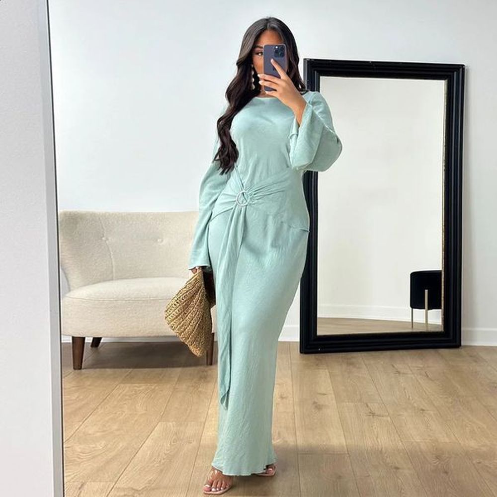 autumn fashion solid color dress muslim women round neck flared