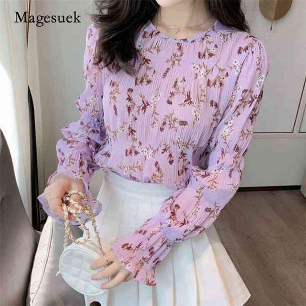 autumn french floral sweet chiffon womens blouse fashion flare sleeve