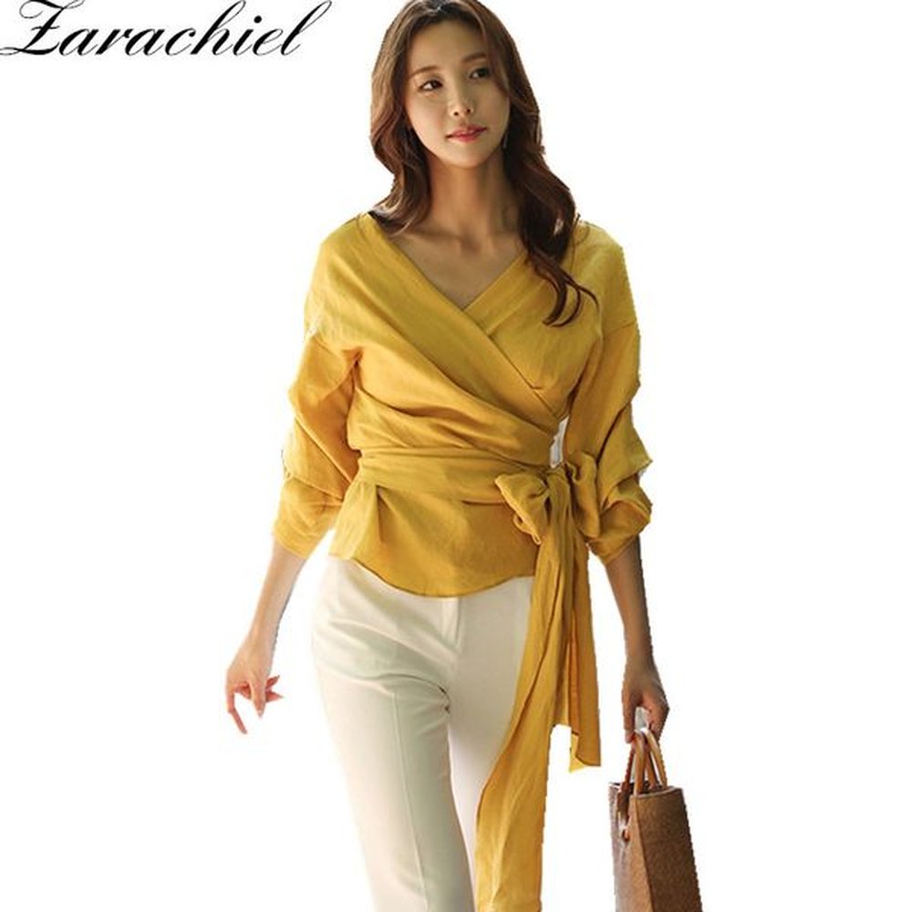 autumn gathered yellow white solid surplice wrap blouse shirt women
