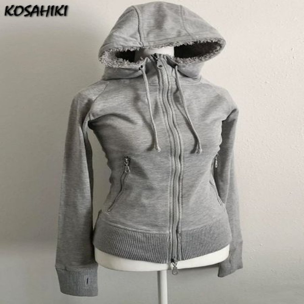 autumn grunge solid hoodies haruku vintage double zipper jacket casual