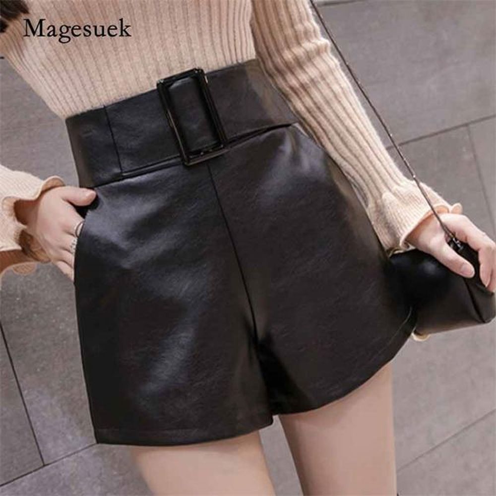 autumn high waist korean pu faux leather shorts women wide