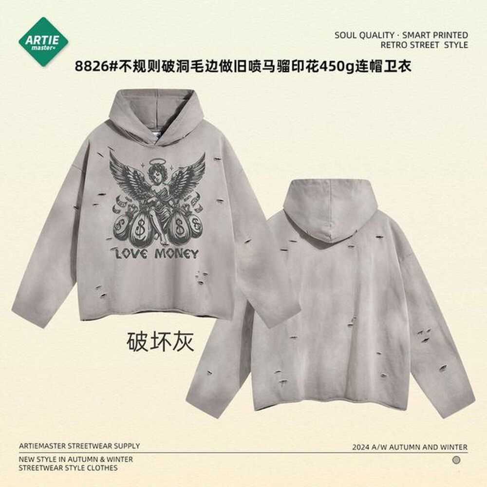 2024 autumn irregular hole frayed edge vintage spray horse chesut print 450G hooded street fashion retro men's and women's hoodie