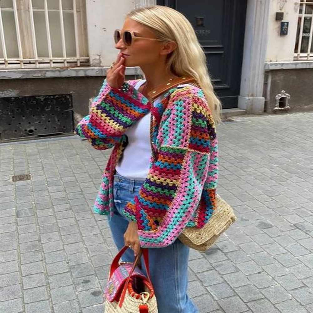 autumn knitted cardigan women hollow out colorful sweater female yk