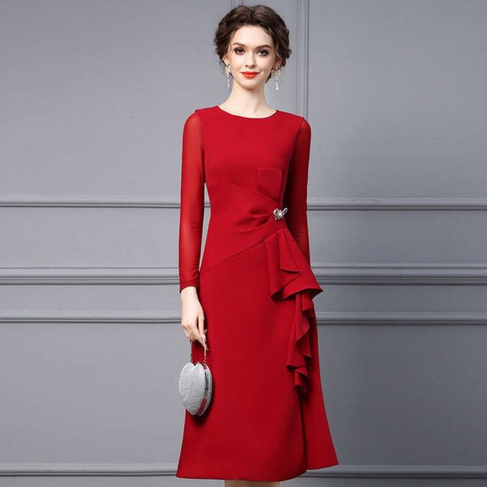 autumn long dress new wine red waist cinching slimming
