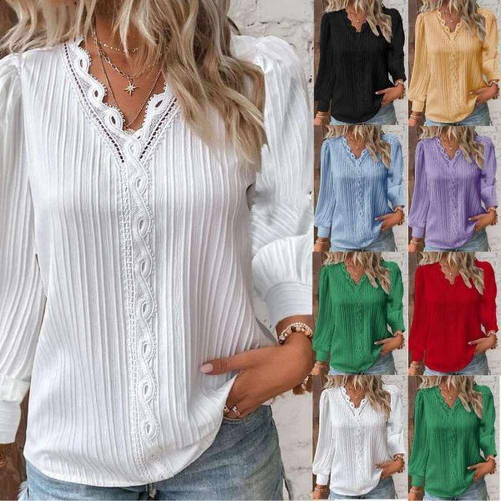 autumn long sleeved vneck lace patchwork womens shirt trendy clothing
