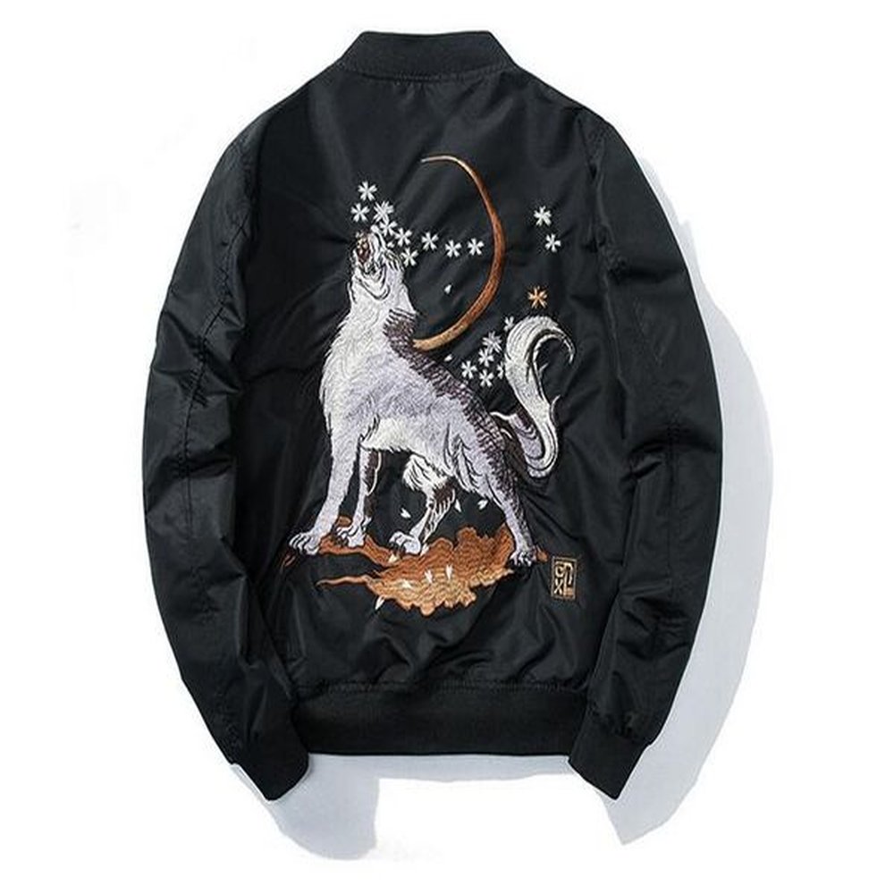 Autumn Men Ma-1 Bomber Jacket Harajuku Wolf Embroidery Fashion Streetwear Casual Baseball Jackets Coats