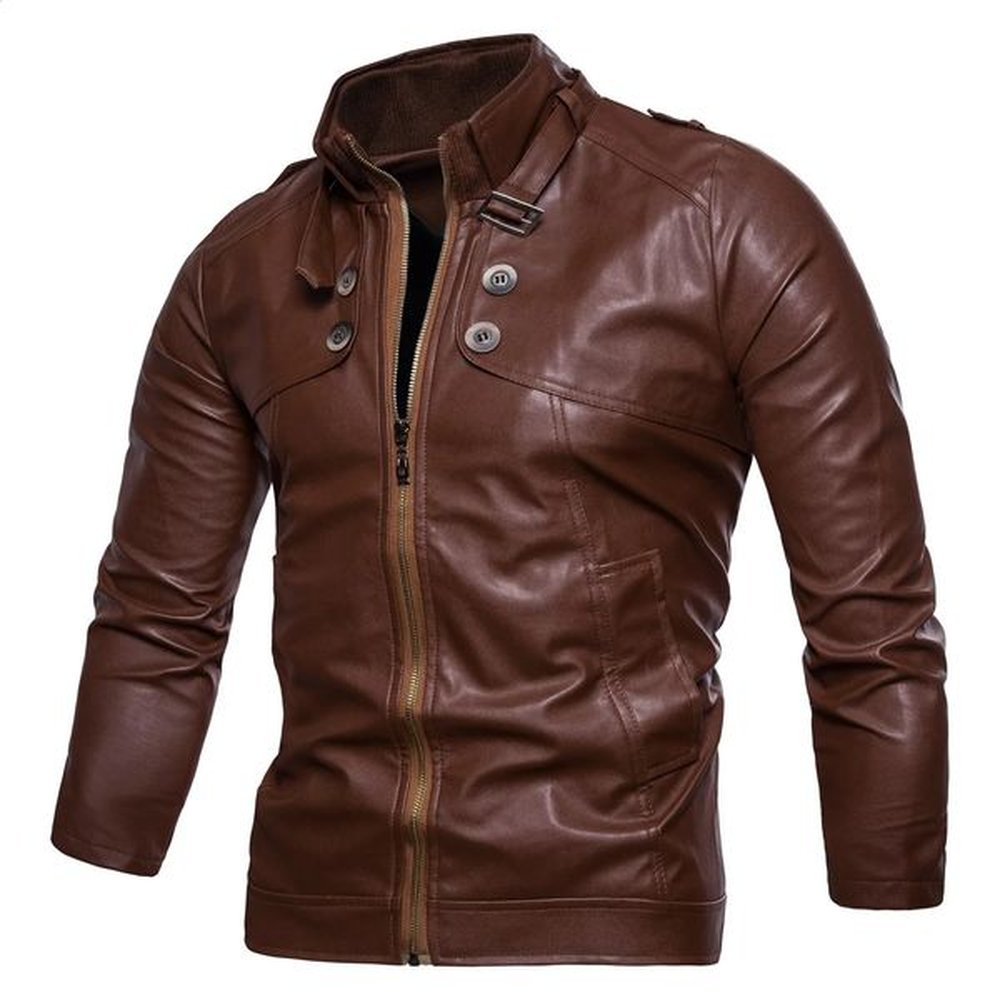 Autumn Mens Casual Fashion Standing Neck Slim Fit PU Leather Jacket Solid Leather Jacket Mens Windproof Motorcycle 240814
