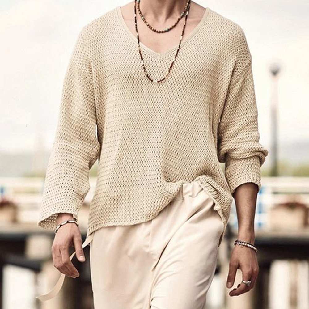 Autumn Mens Clothing Knit T Shirt Solid Color V Neck Long Sleeve Leisure Streetwear Hollow Out Loose Tees S3XL 250210