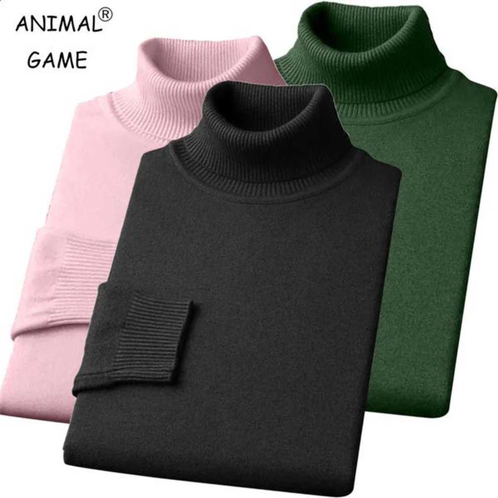 Autumn mens high-quality knitted turtle neck sweater winter long sleeved breathable pull-out large solid color warm streetwear 241204