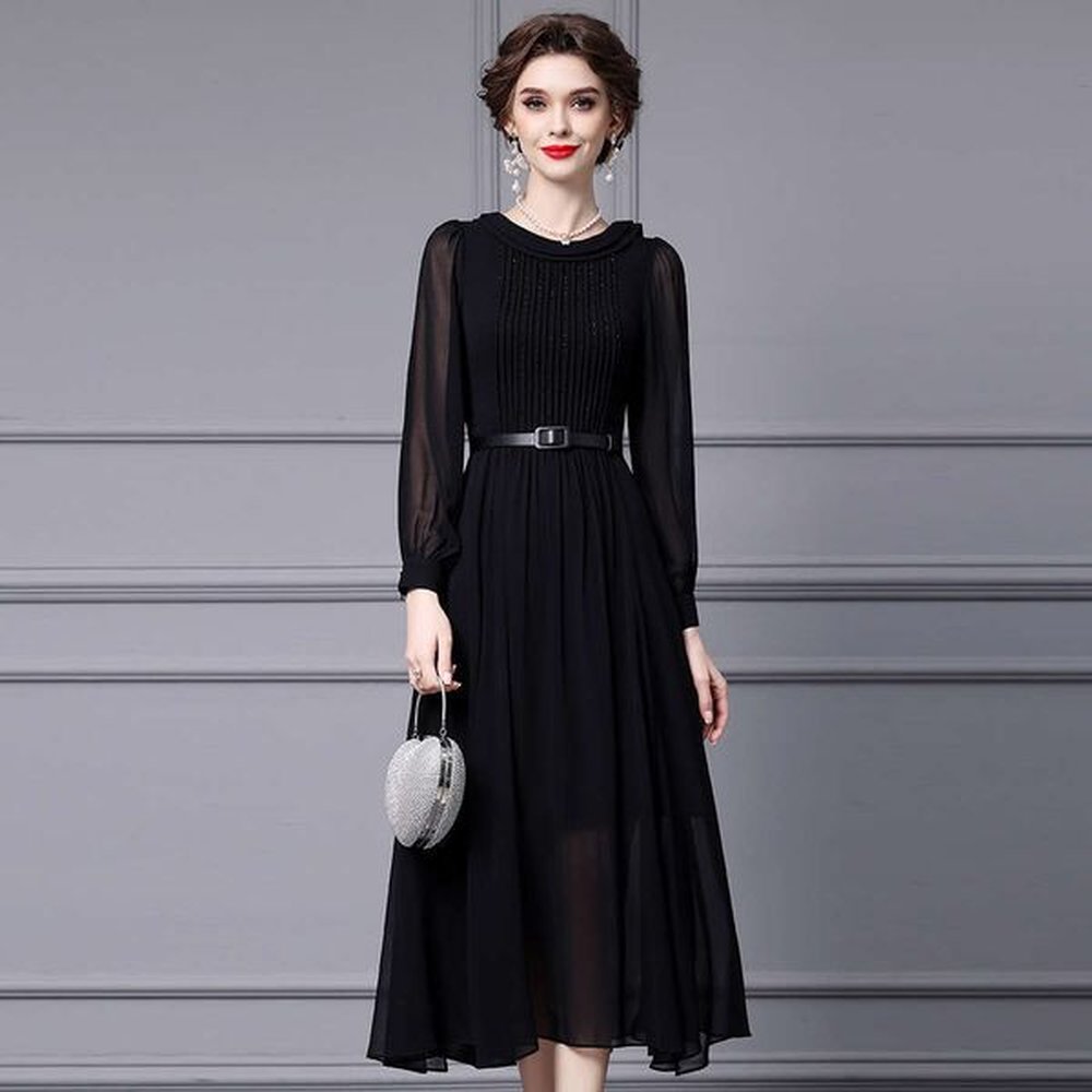 autumn new black highend elegant temperament patchwork yarn sleeve