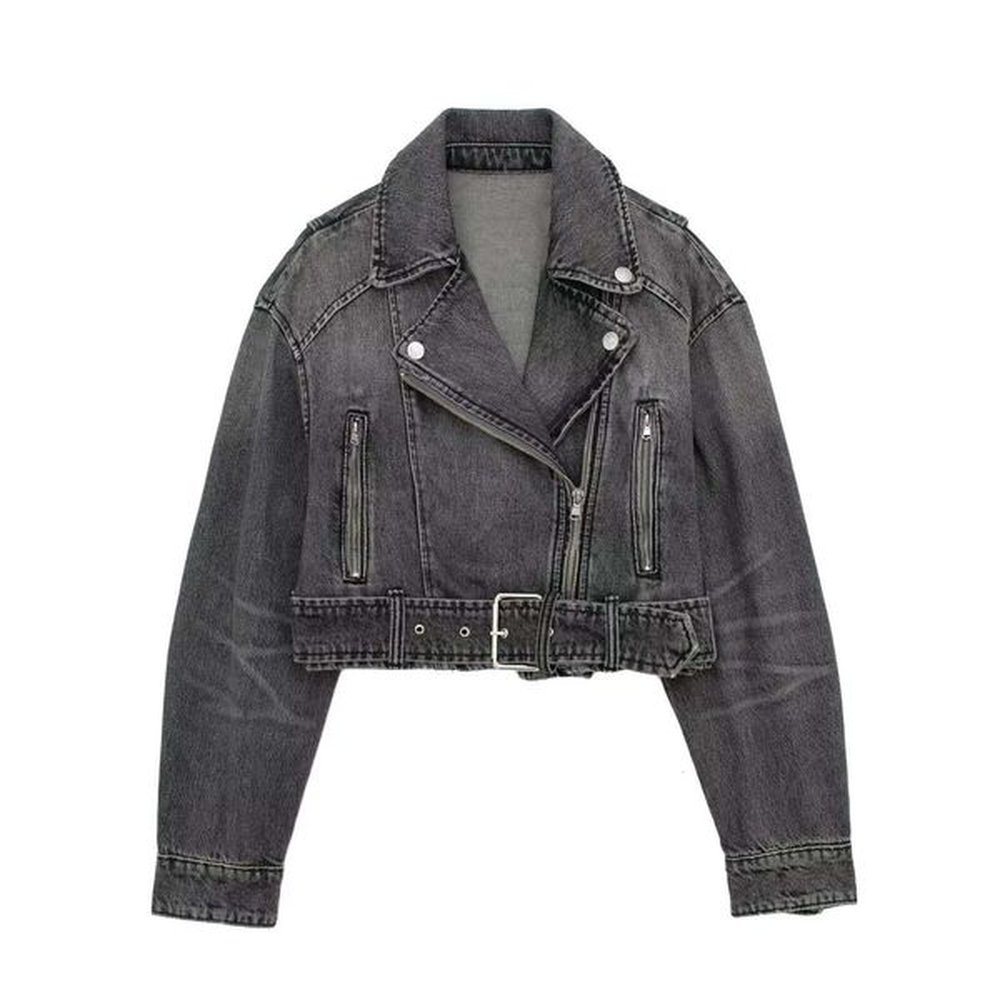 autumn new borderless womens fashion motorcycle greywashing lapel denim jacket
