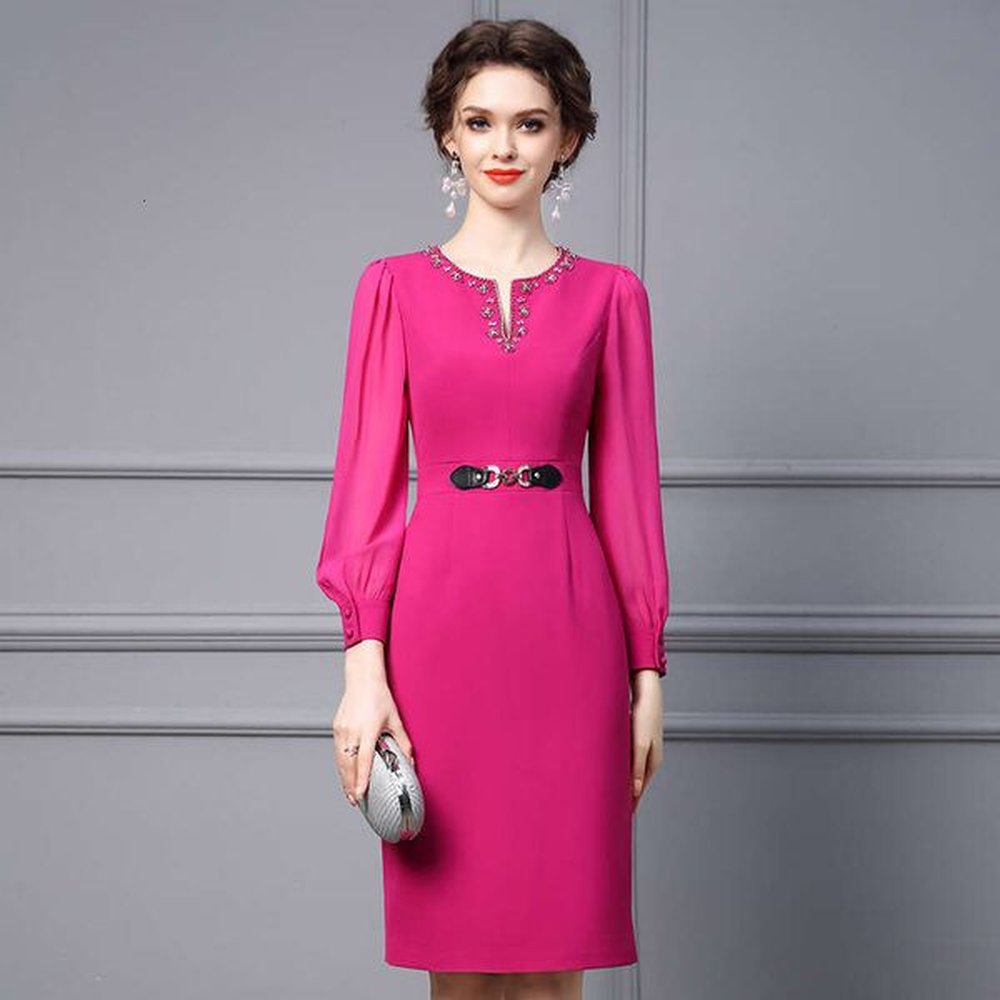 autumn new dress feminine temperament purple red bubble sleeve