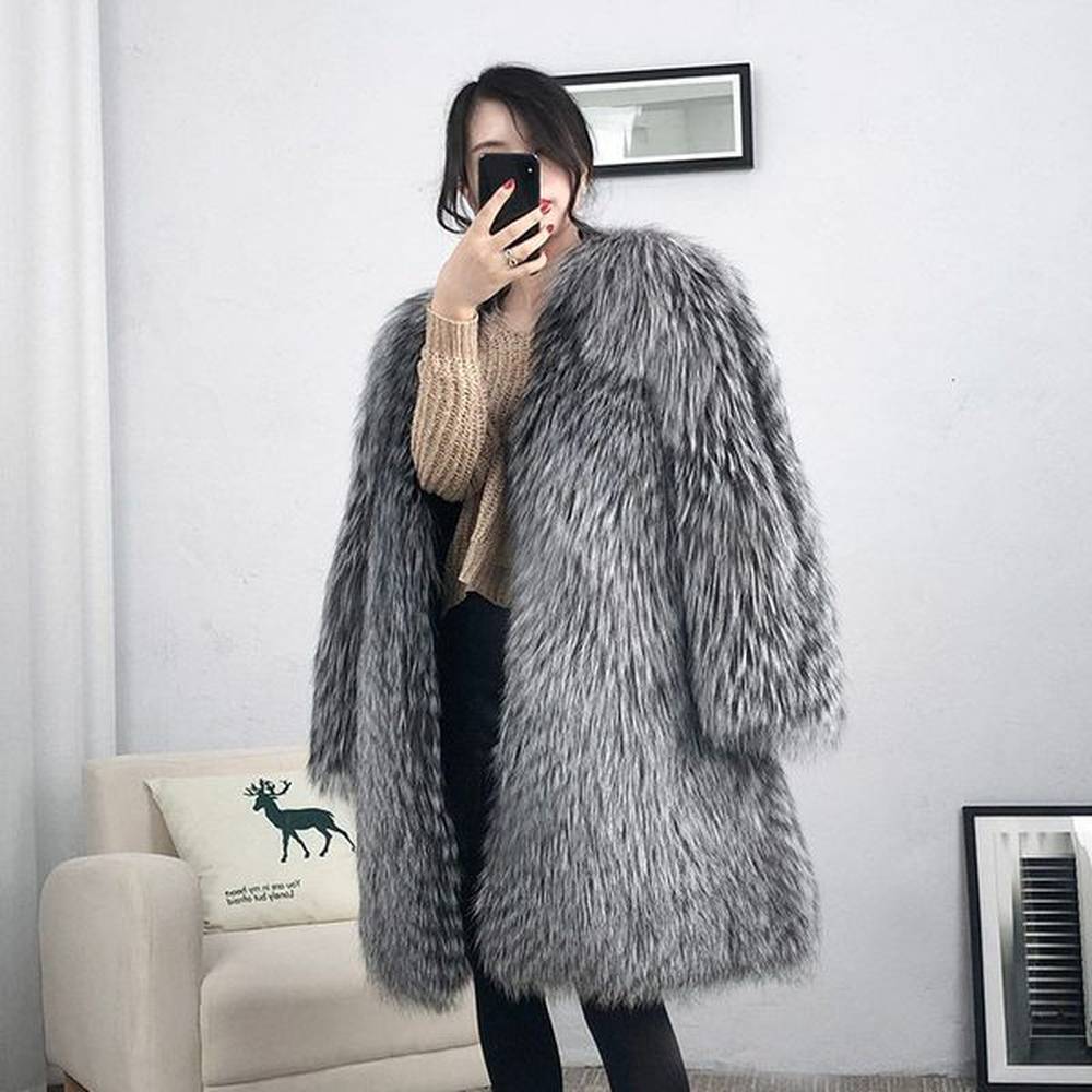 autumn new lady fur fox hair long coat warm casual