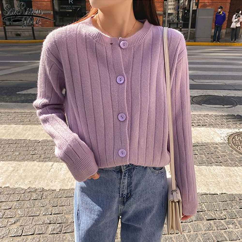 autumn new long sleeve single breast women cardigan loose oneck