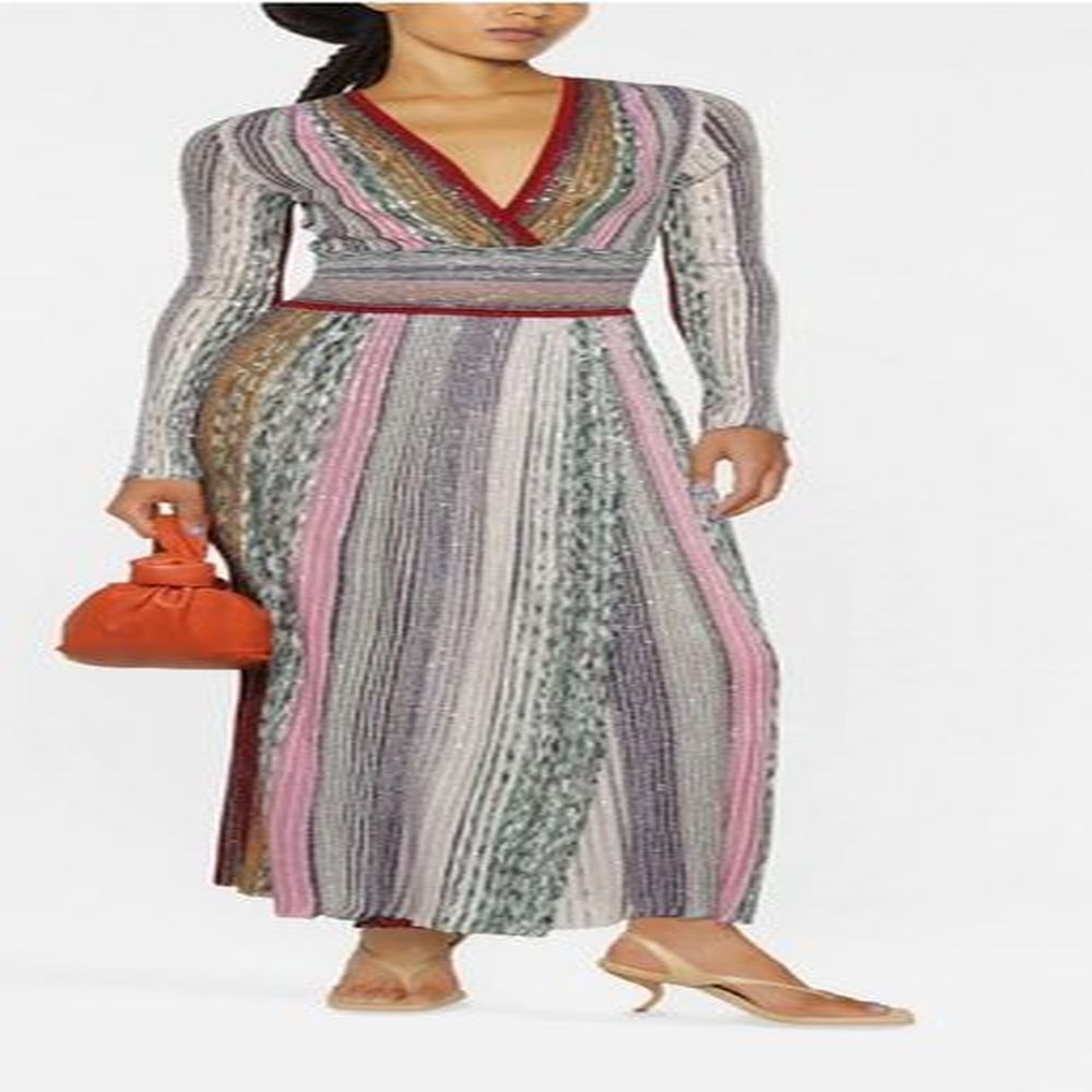 autumn new metallic vneck long sleeved dress with colorful lines