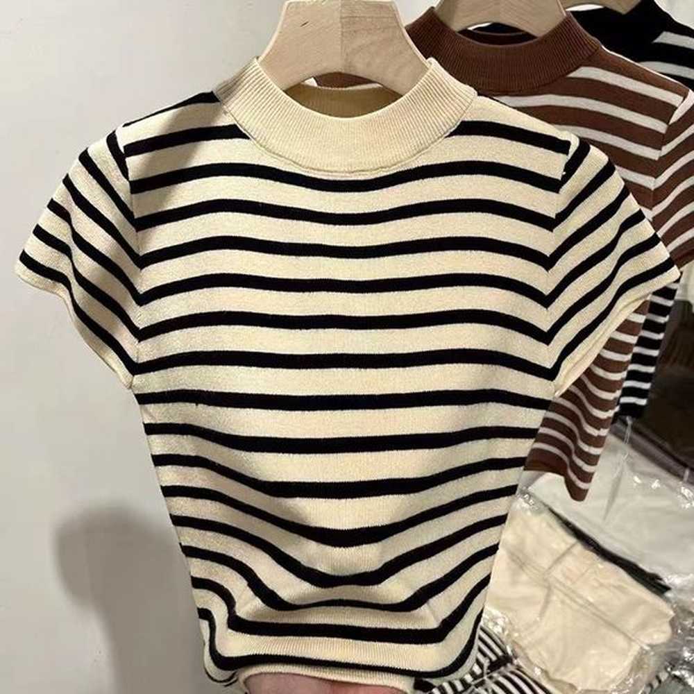 autumn new semi high neck striped bottom knitted womens slim