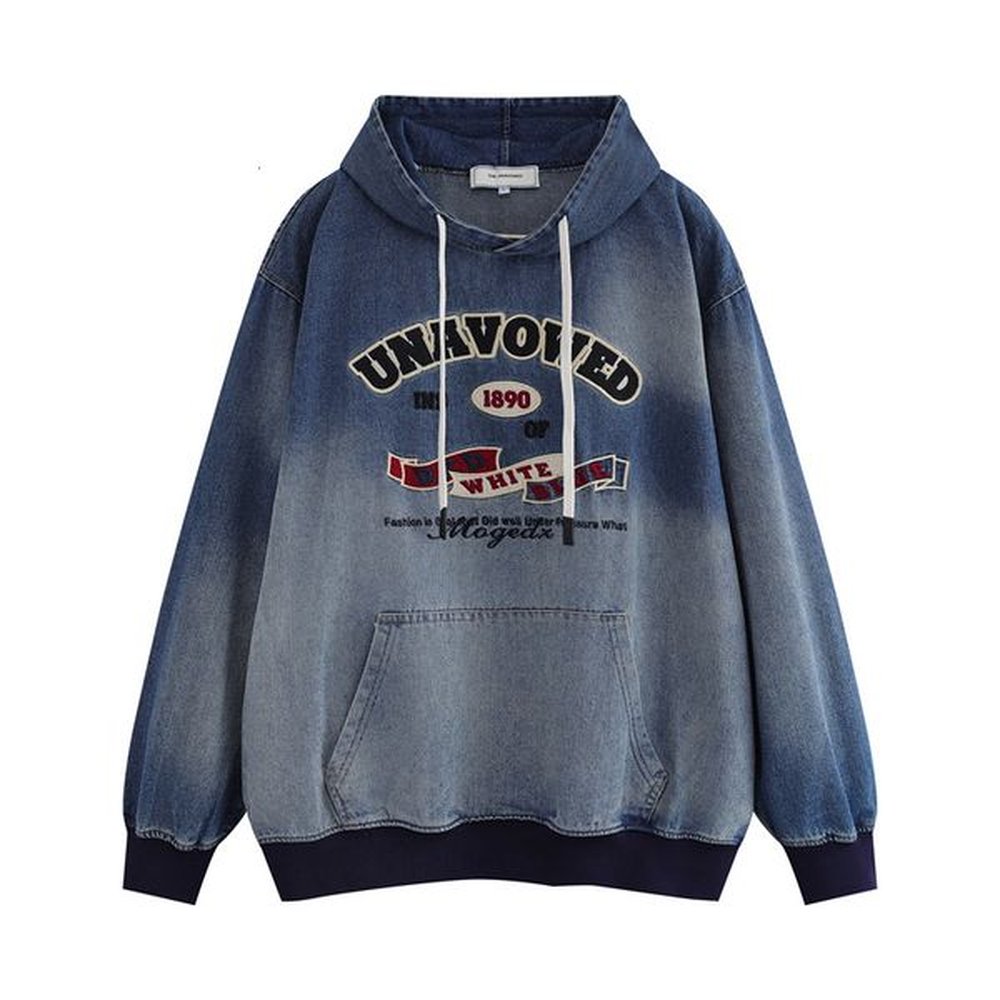 2024 autumn new washed letter embroidered hooded denim sweatshirt for both men and women, trendy casual versatile hoodie