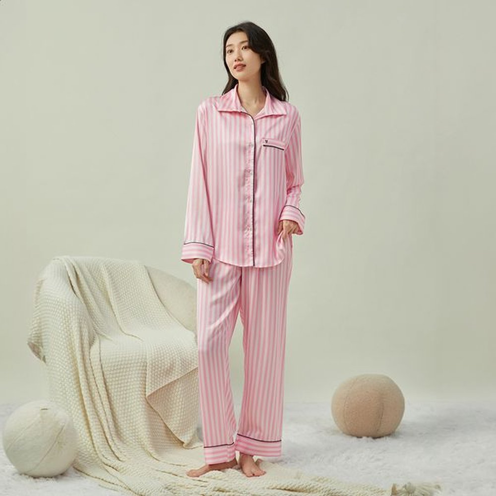 autumn pieces womens pajamas sets faux silk striped pyjama