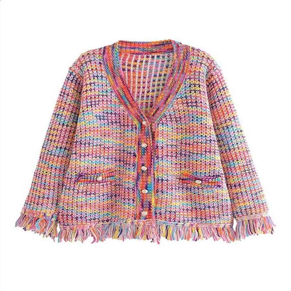 autumn rainbow knitted sweater womens fashion tassel decorative open retro