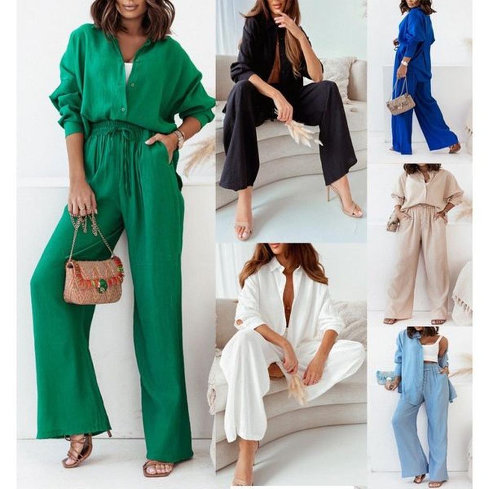 autumn sets loose stretch wrinkle long sleeve suits shirt wide