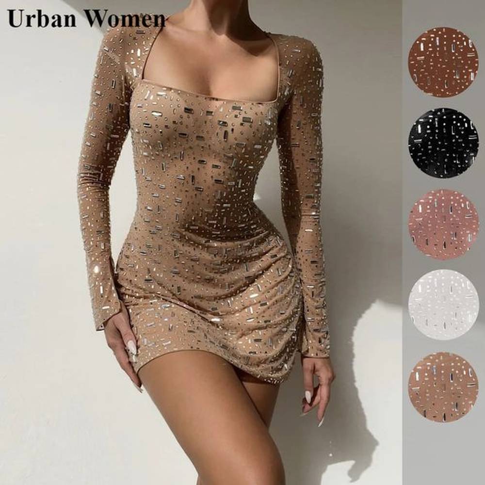 autumn sexy nightclub style dia mesh dress womens fashion solid