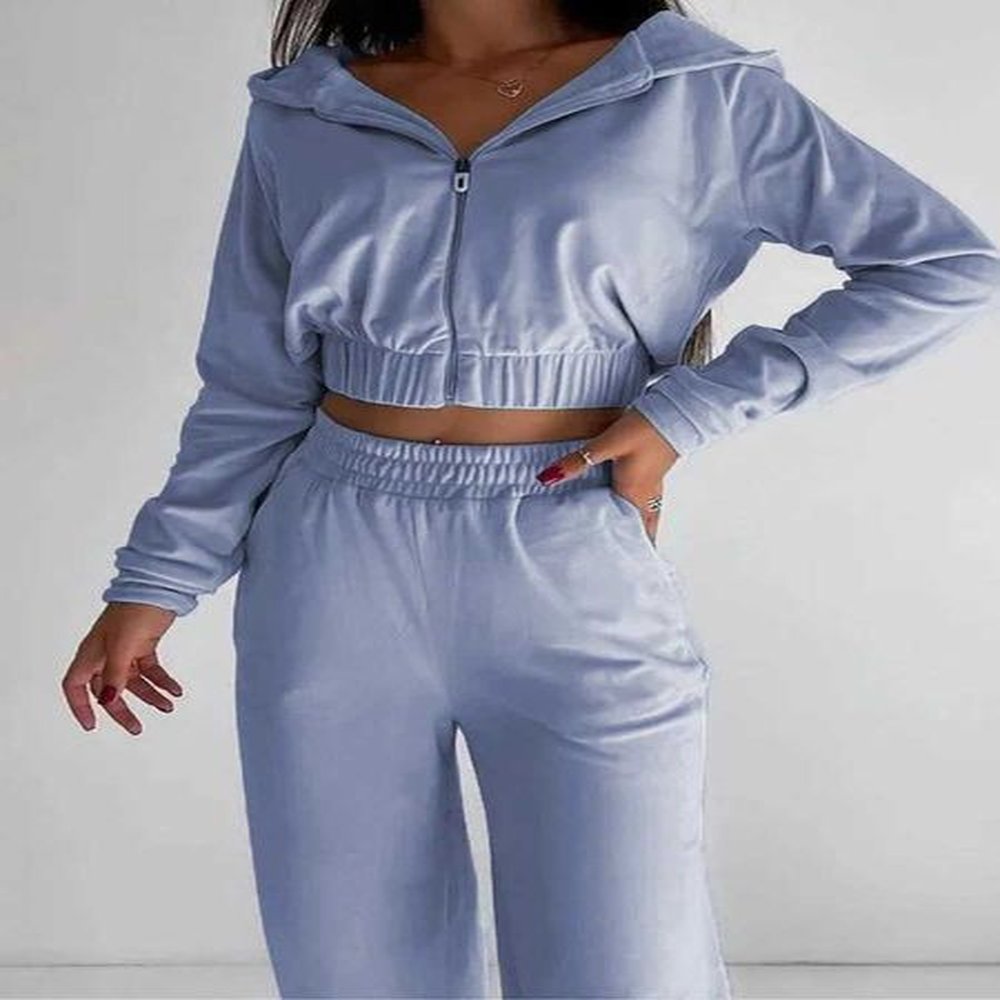 autumn solid color womens silver velvet suit long sve hooded