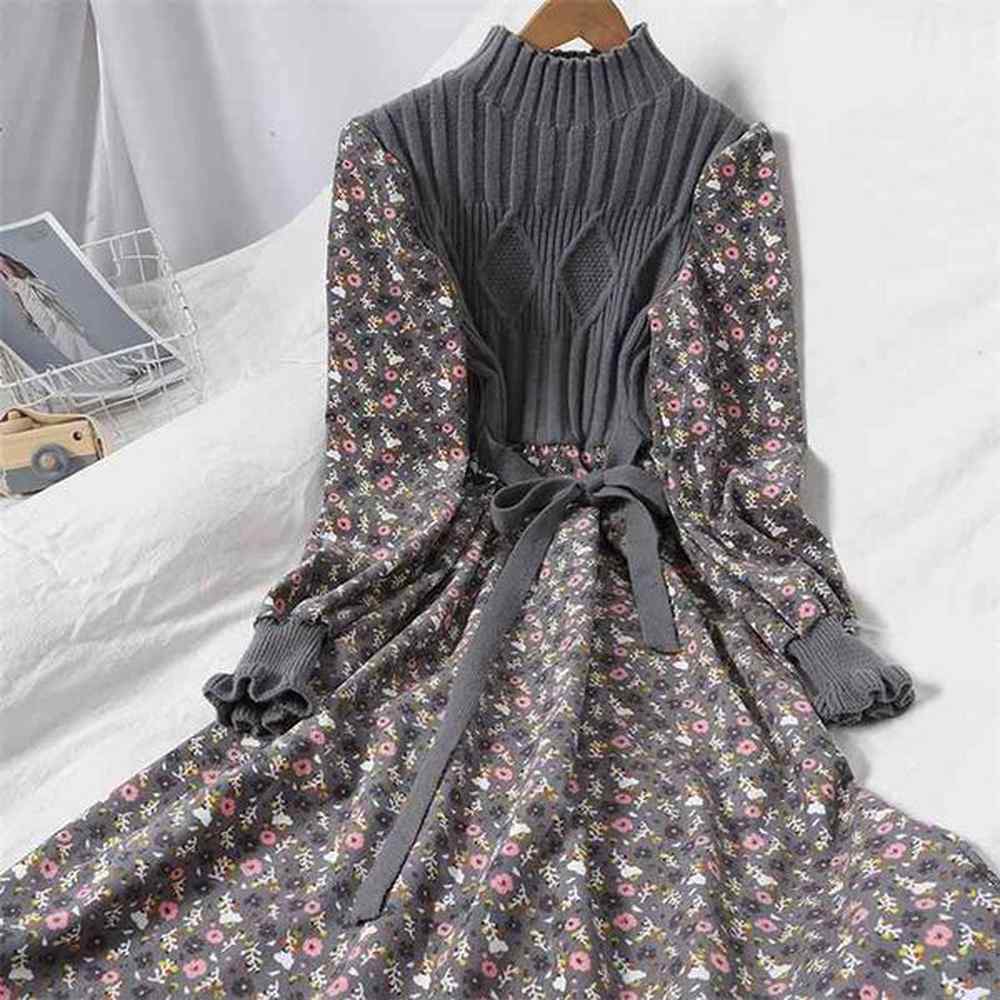 autumn sweater dresses for women winter splicing pullover bandage slim